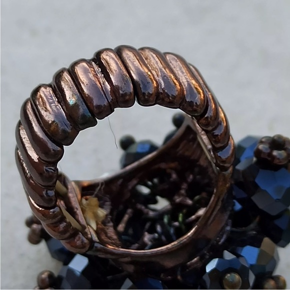 Chunky Stretchy Ring Metallic Black Charm Cluster Flower Beads Vintage Statement - Picture 15 of 15